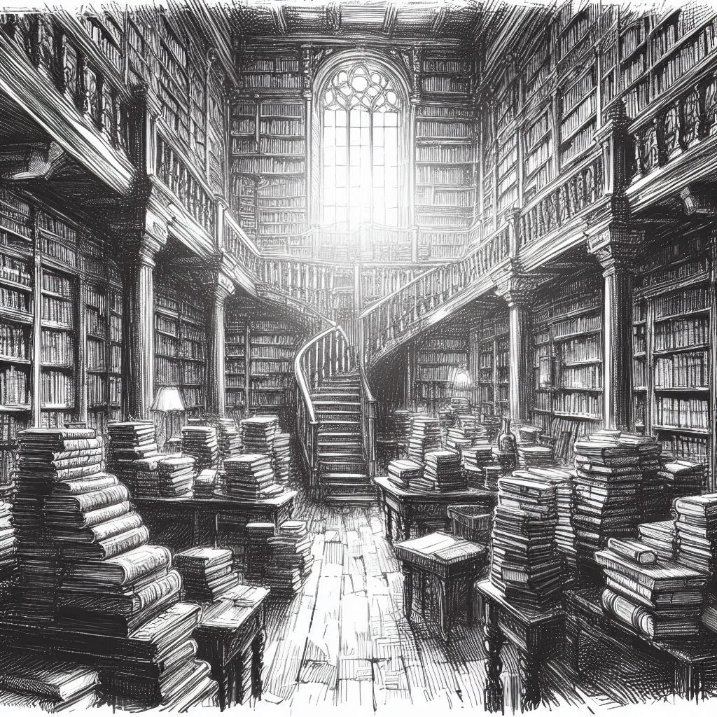 AI generated image of an old library full of books